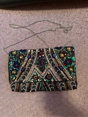 Embellished Multicolor Sequin Evening Clutch with Chain